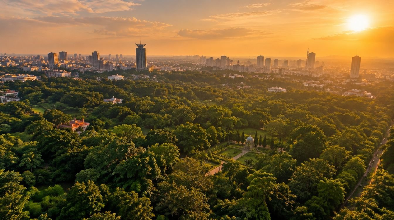 Bengaluru from above, Cubbon Park at golden hour