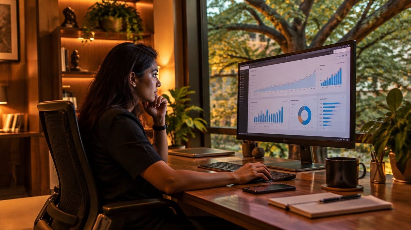 A performance marketer reviewing campaign dashboards in a Bengaluru office