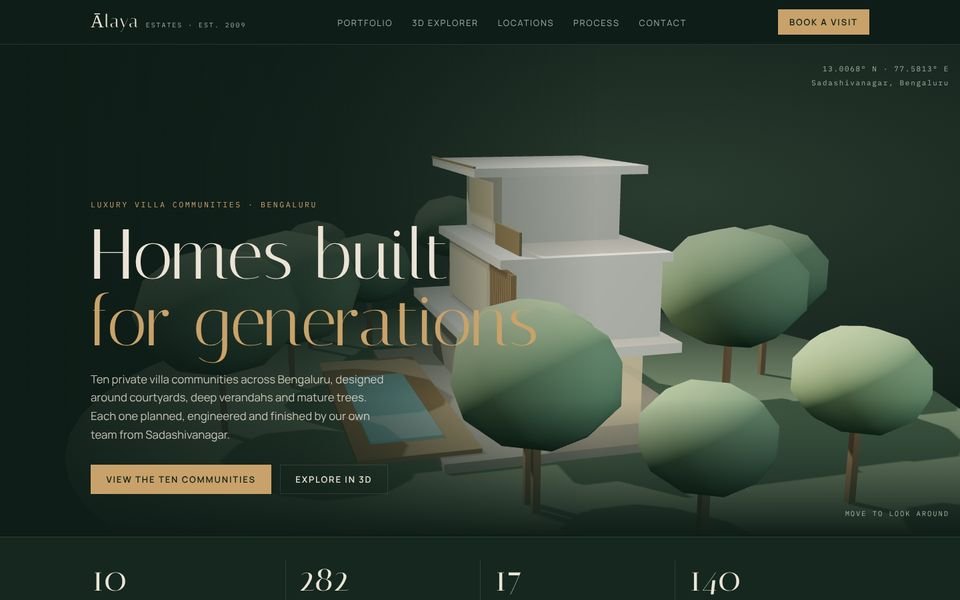 Home page of the Alaya Estates website