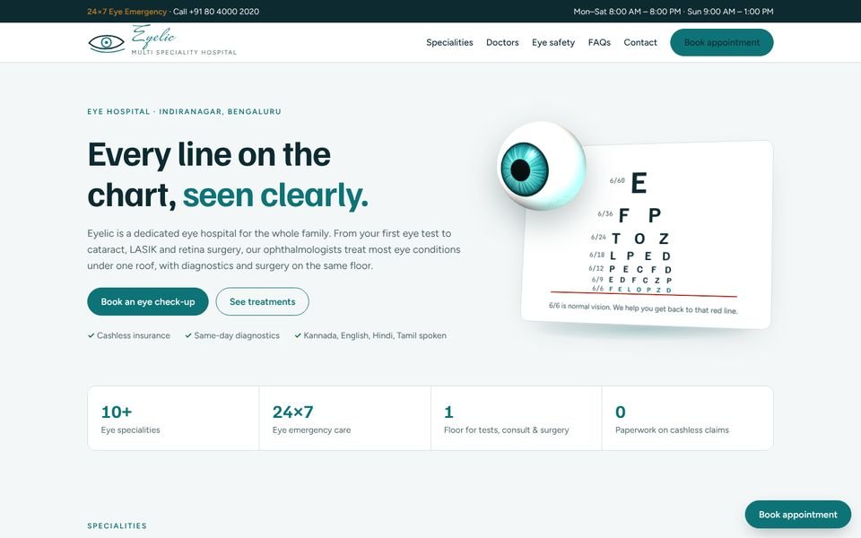 Home page of the Eyelic Multi Speciality Hospital website