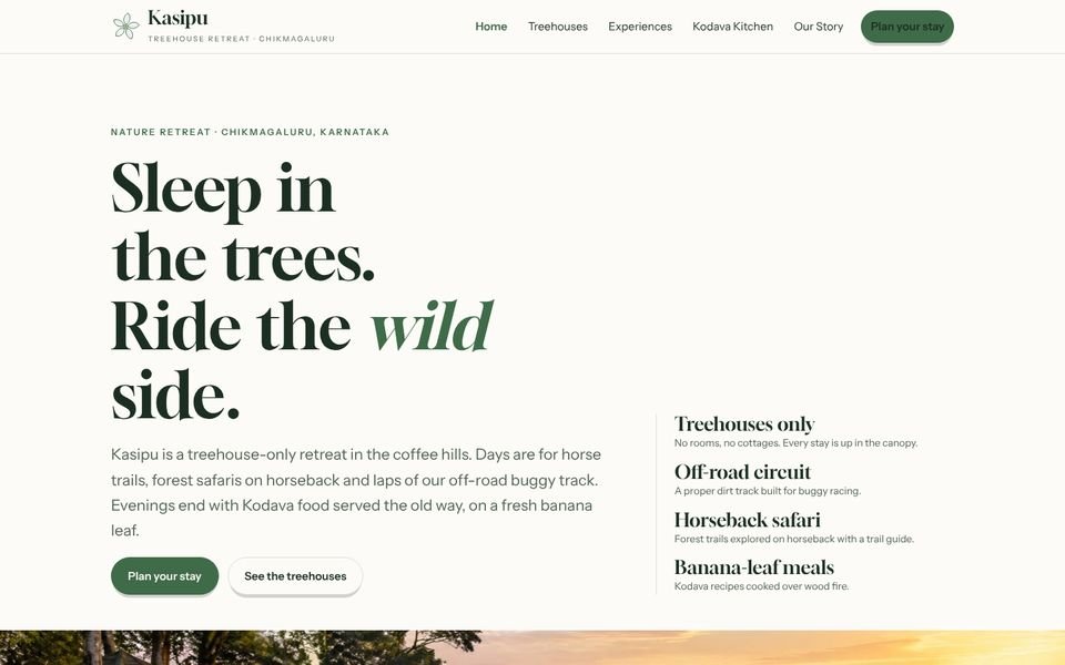 Home page of the Kasipu Treehouse Retreat website