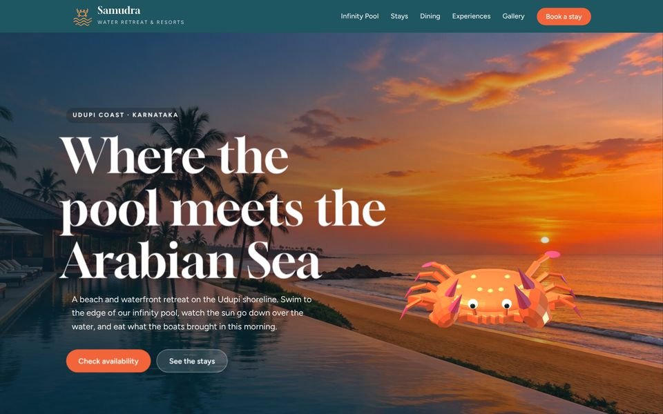 Home page of the Samudra Water Retreat website