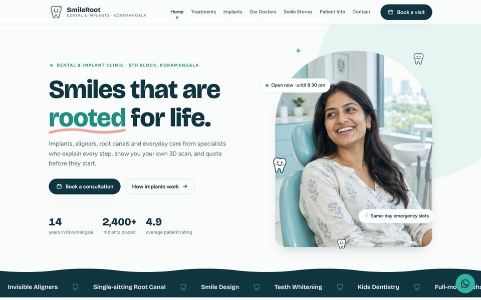 Home page of the SmileRoot Dental website